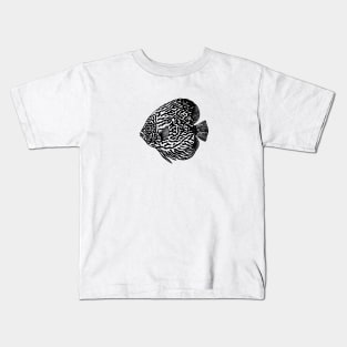 Discus Fish or Pompadour Fish Ink Art - animal drawing - black on white Kids T-Shirt